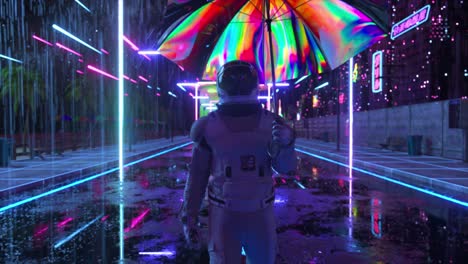 Astronaut-Läuft-Im-Regen-Durch-Eine-Futuristische-Stadt-Bei-Nacht,-Glänzender-Regenschirm,-Raumanzug,-Cyberpunk